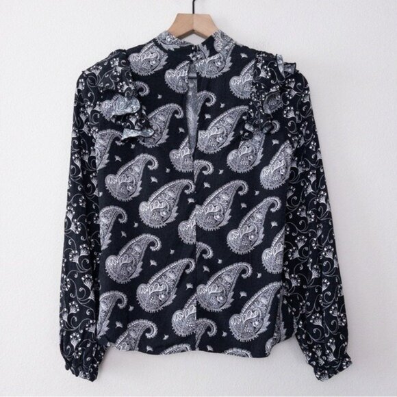 Ted Baker Tiasey Paisley Ruffle Blouse Top 0 Black High Neck Waterfall Frill - Picture 8 of 13